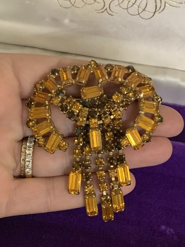 Vintage Juliana DeLizza & Elster Topaz Rhinestone Amber Dangle Cognac Brooch - Picture 4 of 10