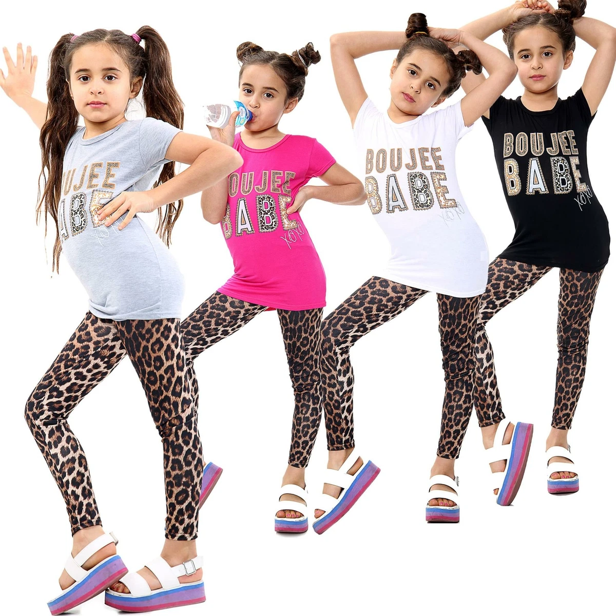 Kids Girls Top Set Boujee Babe Print T Shirt Tees Trendy Leopard Legging  Outfit