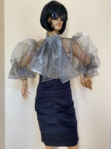 Sheer Transparent Organza Women's Formal Bow Puff Sleeves Blouse Shirt - Picture 19 of 21