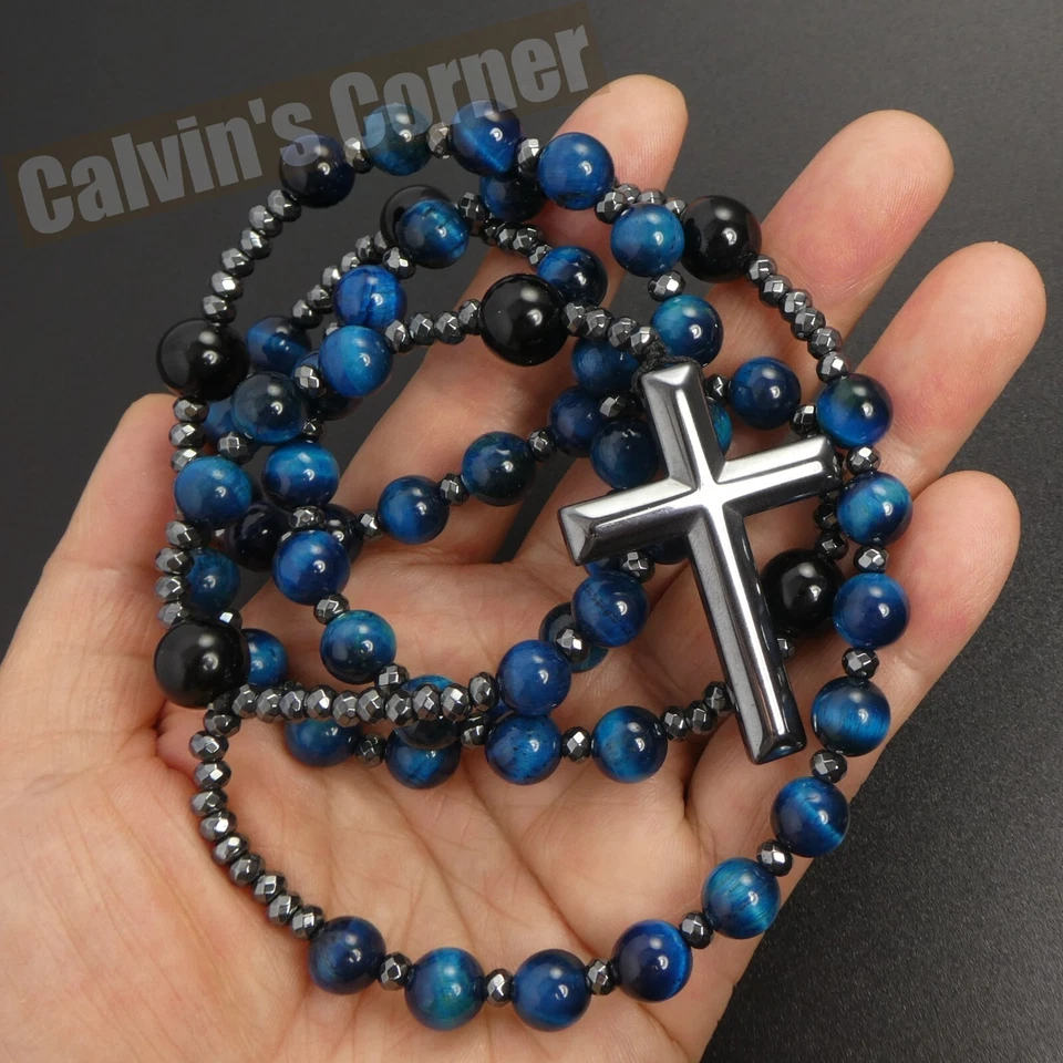 Blue Tiger Eye Black Onyx Black Hematite Cross Rosary Necklace Men Women Gift - Image 4 of 4