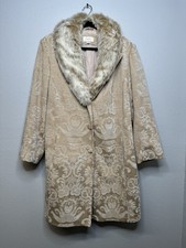 Vintage Merona Damask Tan/cream Coat W/ Detachable Faux Fur Collar Size 1x