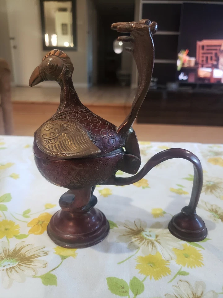 Antiguo quemador de incienso original de bronce genuino pavo real pájaro India Foto 2 de 4