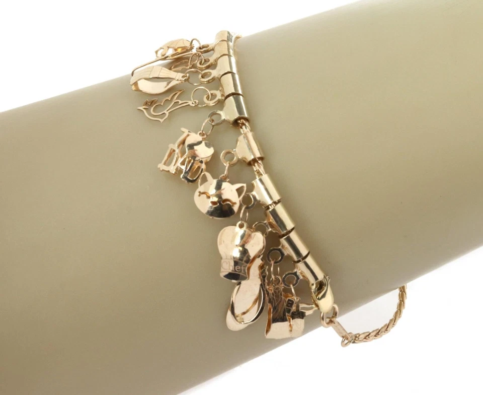 14k Yellow Gold 13 Dangling Multi-Charms Chain Bracelet LIQUIDATION! - Image 3 of 4