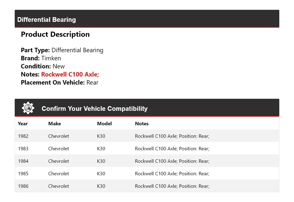 For 1982-1986 Chevrolet K30 Differential Bearing Rear Timken 1983 1984 1985 - Image 2 of 4
