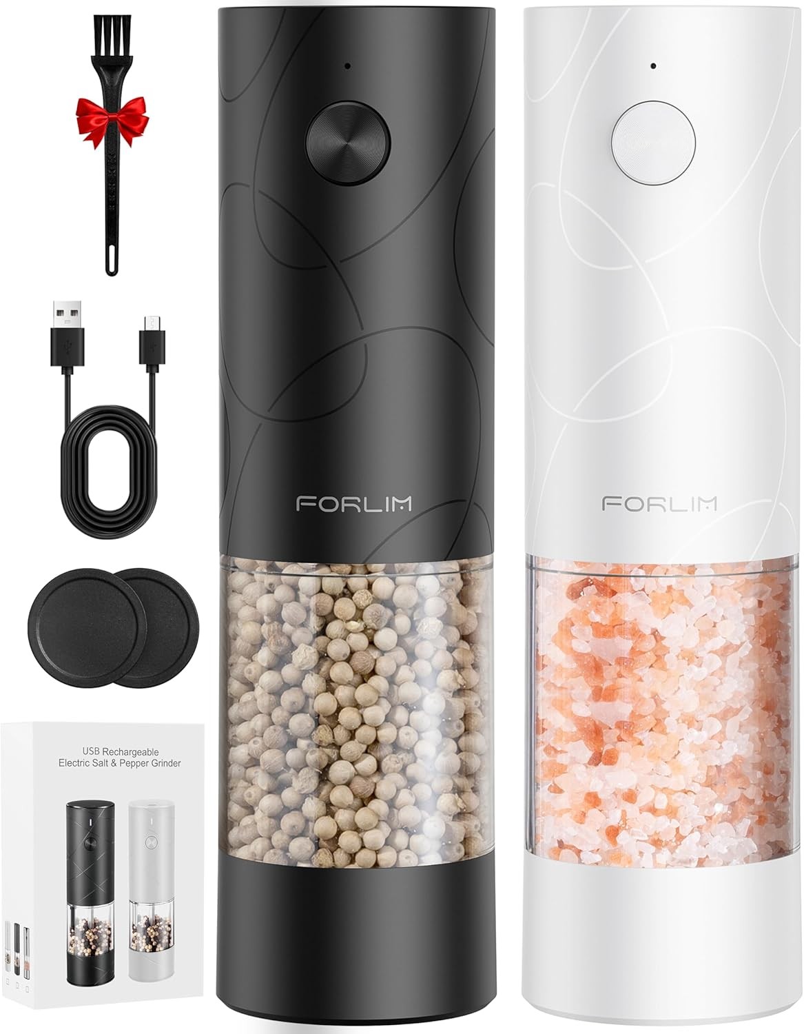 FORLIM Rechargeable Electric Salt and Pepper Grinder Set, Quiet One-Handed Oper