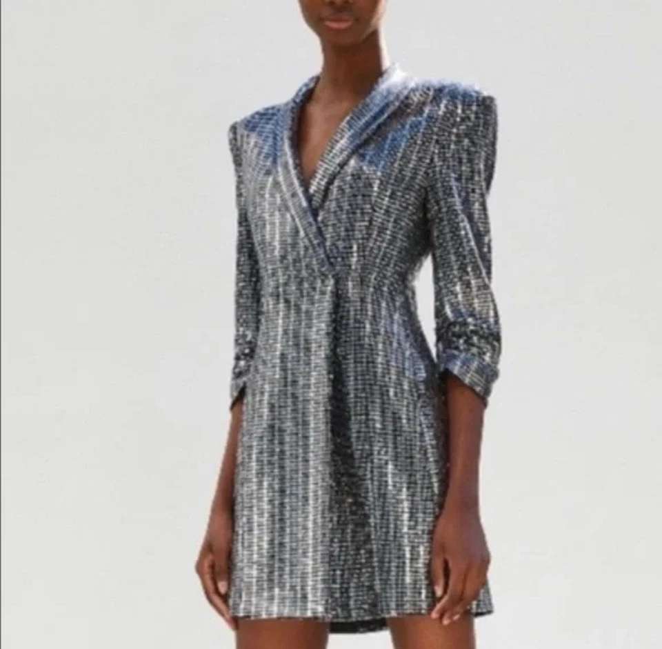 Zara Metallic Silver Mirror Sequin Embellished Wrap Blazer Mini Dress Sz XS - Image 2 of 4
