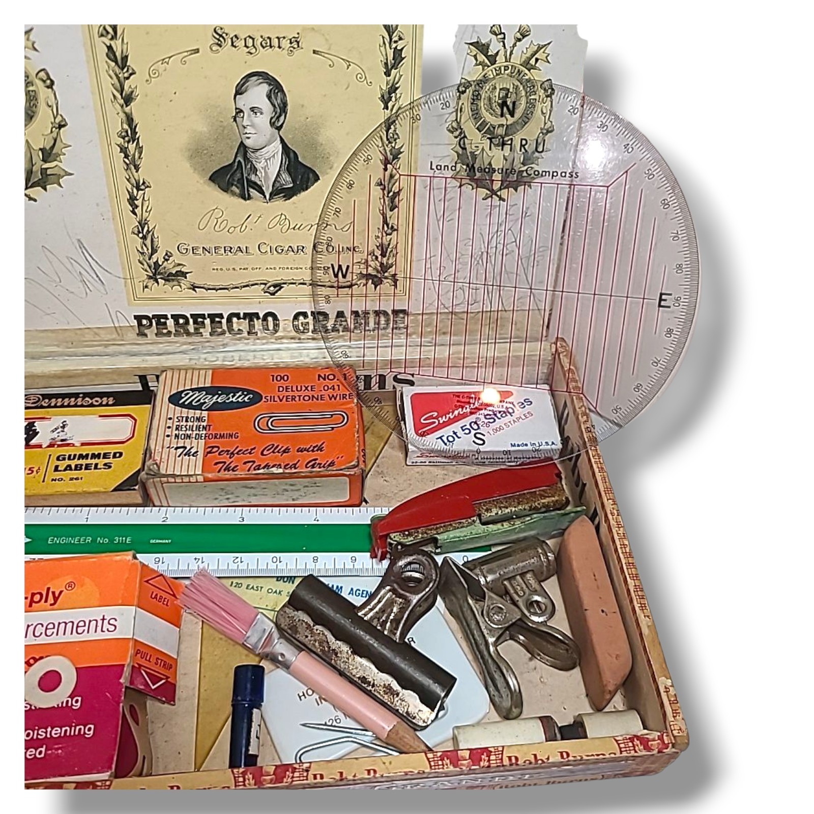 Box Lot of Vintage Office & Drafting Supplies