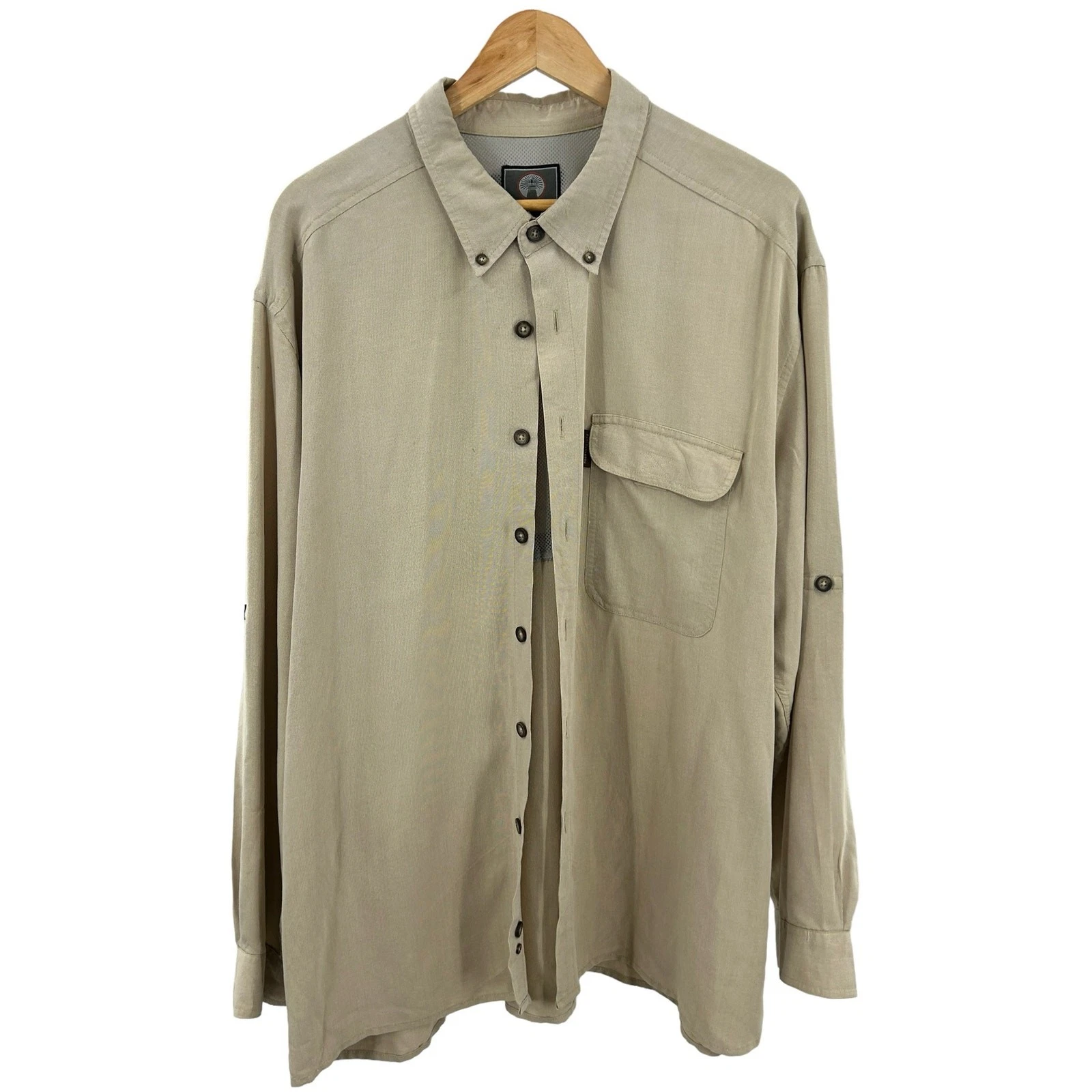 Weatherproof Button Up Shirt XXL Vented Outdoor Fishing Roll Tab Sleeve Beige