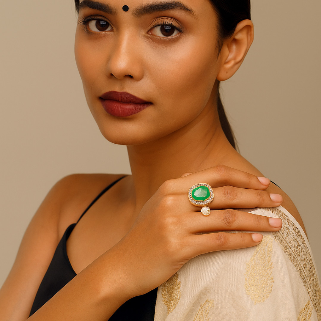Gajaah 925 Silver Emerald & Polki Diamond Statement Ring