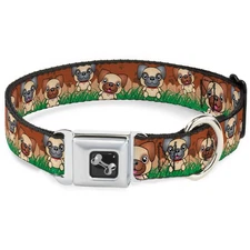 Dog Collar Bone Pug Puppies/Paw Prints Browns/Greens Medium 11-16.5"