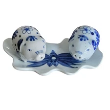 Vintage Porcelain Pig Salt and Pepper Shakers with Tray Blue White Handcrafted