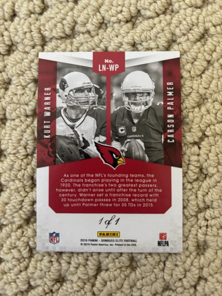 2016 Panini Donruss Elite Carson Palmer Kurt Warner Lineage Gold Prizm 1/1  - Image 2 of 2