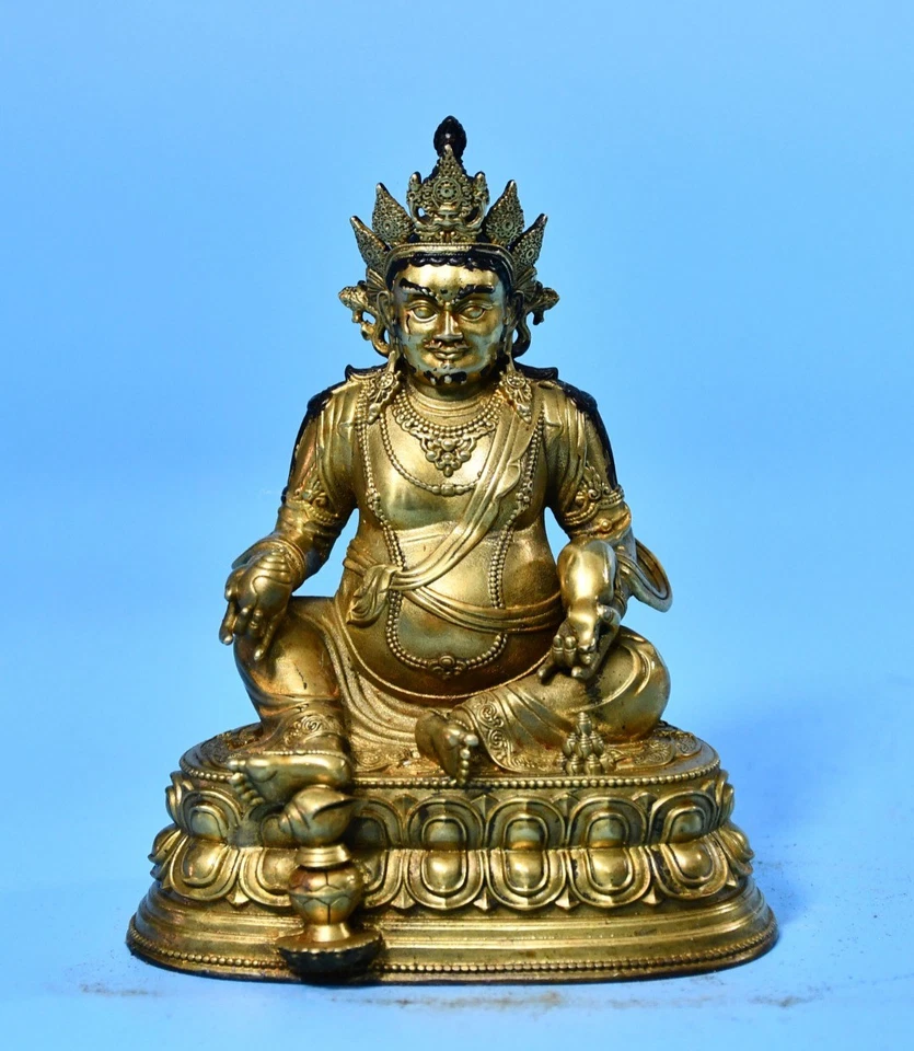 4.3" China Old Retro Tibetan Buddhism Bronze Gilt Yellow Jambhala Buddha Statue - Image 3 of 4