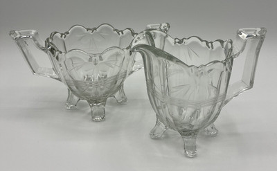 Vtg MCM Indiana Glass Four Footed Clear Sugar Bowl Creamer Dish Scalloped Etched