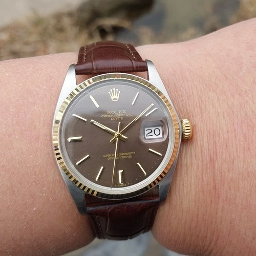 VINTAGE ROLEX OYSTER PERPETUAL DATE REF 1505 CAL 1570 BROWN DIAL MEN`S WATCH