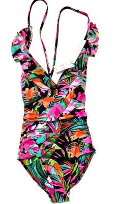 New BEYOND CONTROL Women Size 8 Multi Printed Ruffled V-Neck One-piece Swimsuit