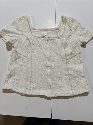 Ett:twa Anthropologie White Crochet Button-Front Aurora Top Women s Medium