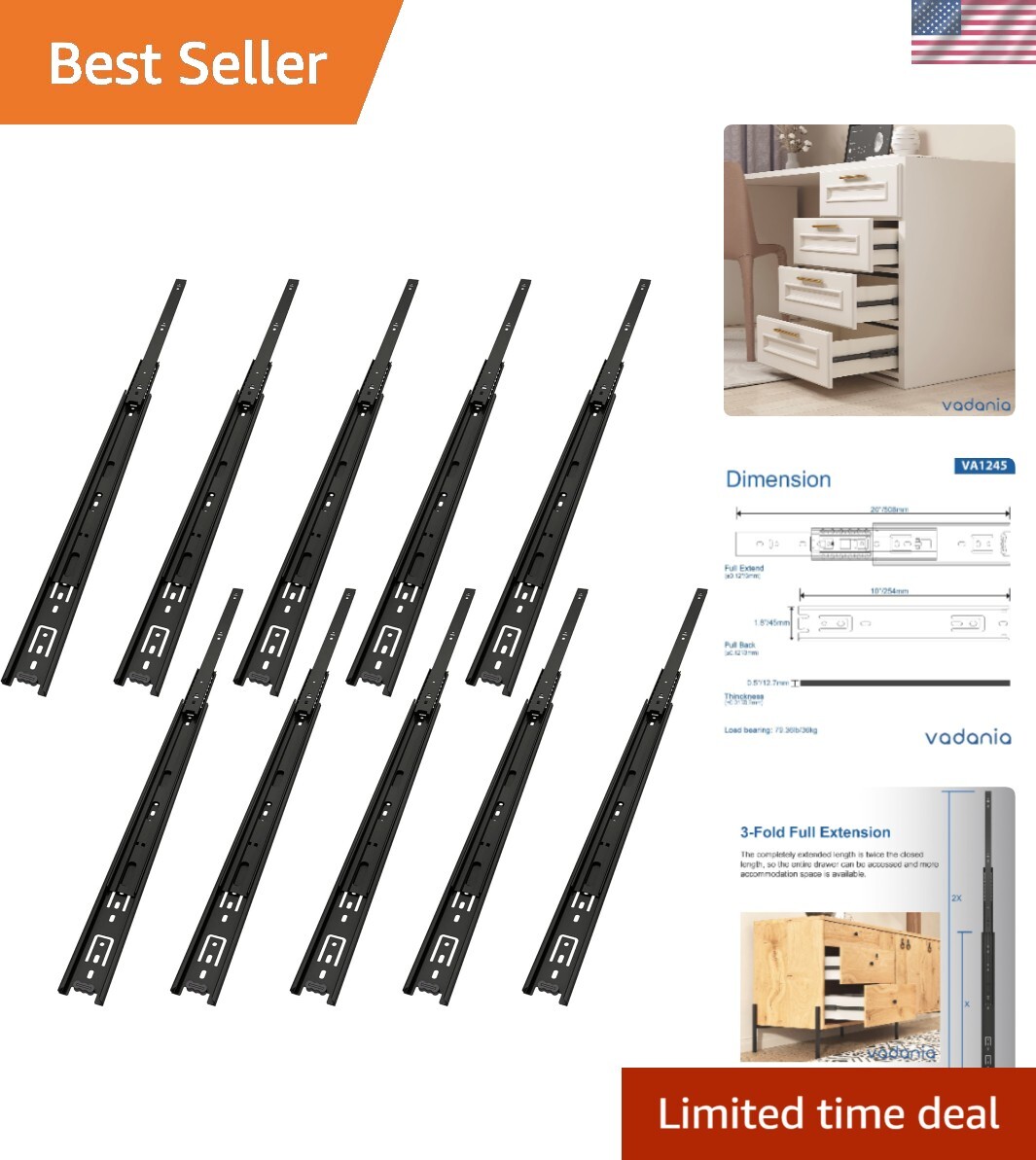 10-Inch Black Steel Ball Bearing Drawer Slide Full Extension Side Mount 100Lb Capacity