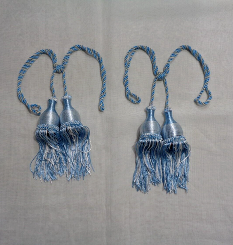 VTG Pair 6" Light Blue Fringed & Tassled Drapery/Curtain Tiebacks 19" Spread NOS - Picture 2 of 3
