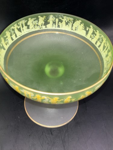 Vintage Neoclassic Green Satin Pedestal Bowl Compote Italy Gold Rim 6” D 6.5” T - Picture 8 of 10