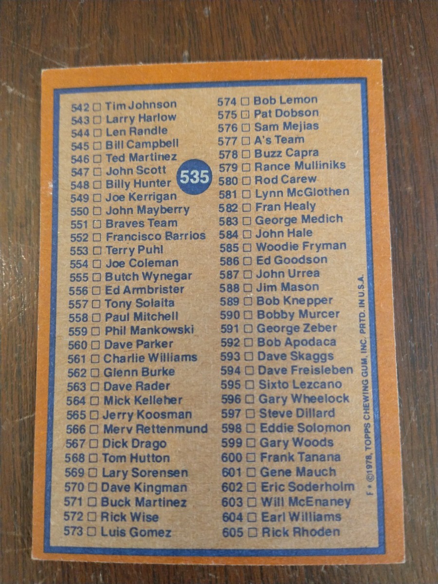 1978 Topps #535 Checklist (485-605) (EX) | eBay