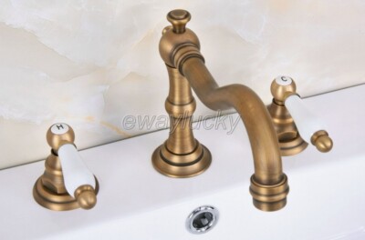 Antique Brass Widespread 3 Holes Bathroom Faucet Dual Ceramic Handle Mixer Tap