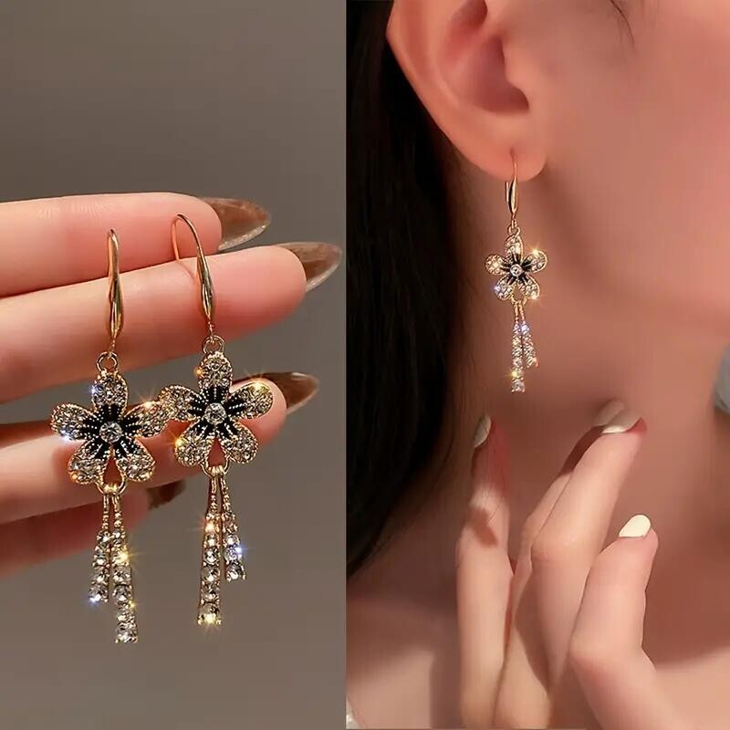 Fashion Women Flower Sparkling Full Rhinestone Tassel Long Drop Earrings Gift Ne