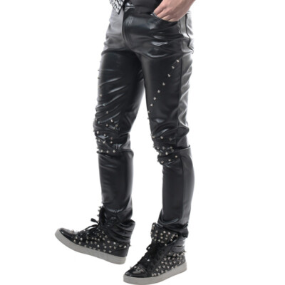 Mens Faux Leather Funnel Studded Trousers PU Slim Biker Stage Punk Black