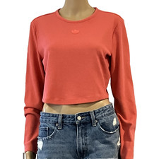 Adidas Womens Large 2 Colored Orange Rib Long Sleeve Tee Slim Logo Badge