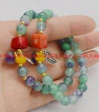 Charming 2 Row 8mm Multicolor Gems Cylinder Coral Leaf Pendant Bracelet 7.5
