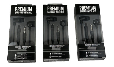 (3) Premium 35mm Wired Earbuds Headphones - Black With In Line Microphone