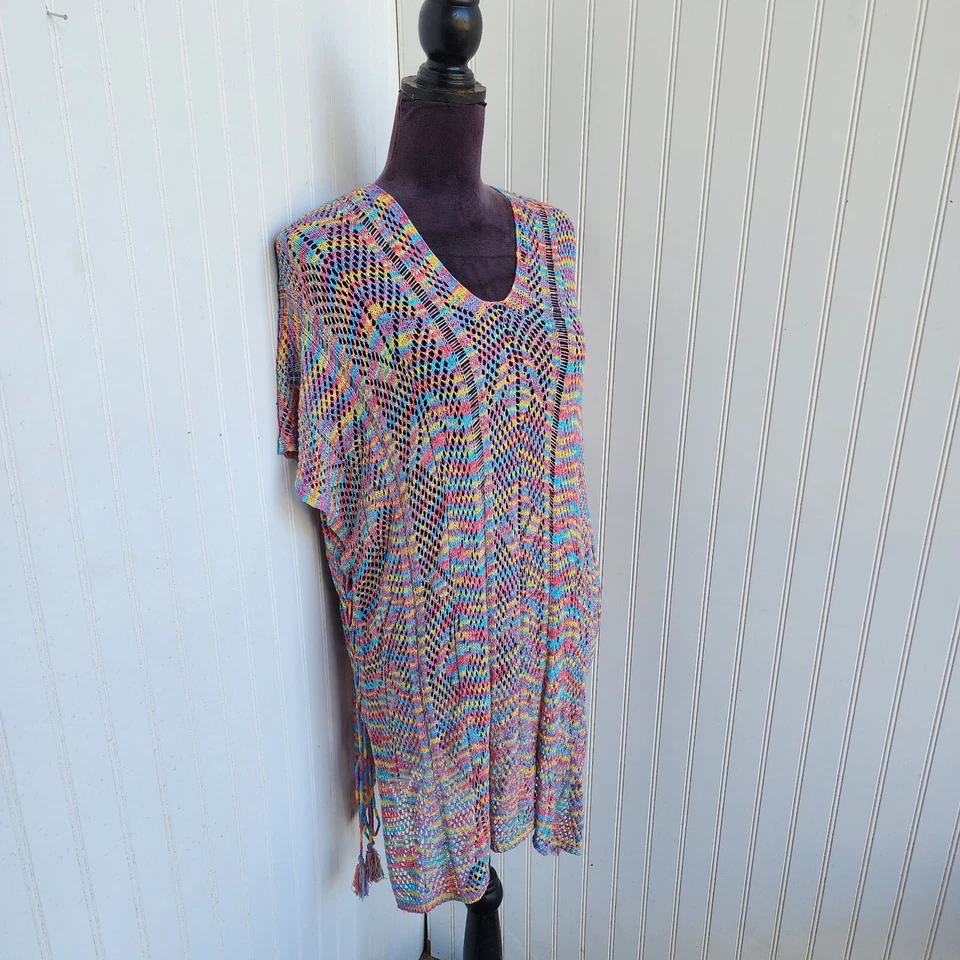 Crochet Knit Swim Cover-Up Women O/S  Cruise Vacation Lace Up Tassle Multi OS - Image 2 of 4