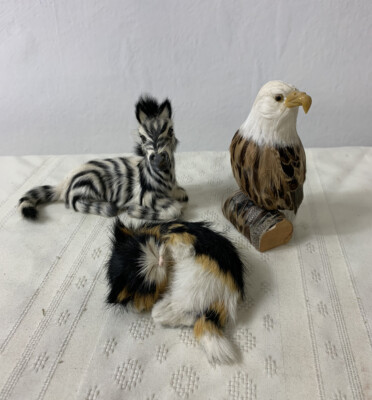 Lot of 3 Animal Figurines Fur Feathers Eagle Cat Zebra  Leather Plastic Paper