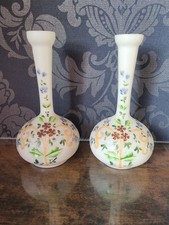 Antique Floral Hand Painted Milk Glass Bud Vase 7.75 inchs