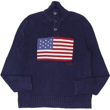 Vintage Polo Ralph Lauren Flag Knitted Quarter Zip Button Navy SweaterM