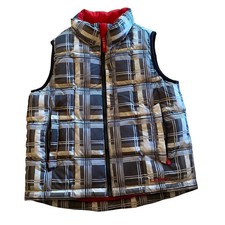 L.L. Bean Boys S 8 Plaid Goose Down Puffer Vest Gray Red Full Zip Reflective