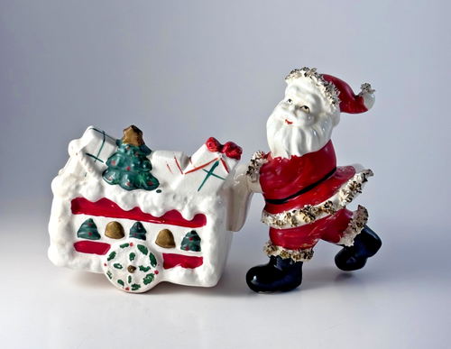 Vintage Christmas Planter Spaghetti Trim Santa Claus Pushing Cart of Gifts