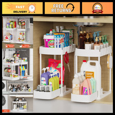 2 Packs Under Sink Pull-Out Storage Organizers, 14.8" White, Multi-Purpose Cabin