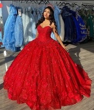 Red, Floor Length, Sparkly, 3D Flower, Strapless Medium, Quince Dress