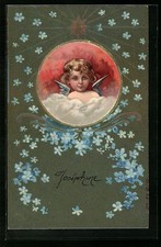Engel mit Stern und Vergissmeinnicht, Ansichtskarte 