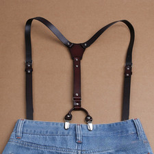 Retro Cowhide Leather Men's Suspenders Braces Shoulder Belt Formal Suit Jeans