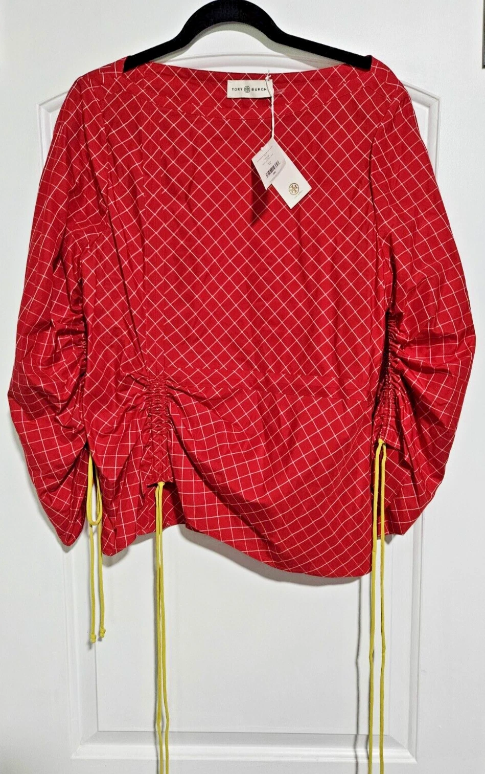 Nuova con etichetta Tory Burch finestra seta top rosso bianco taglia 14 100% AUTENTICA