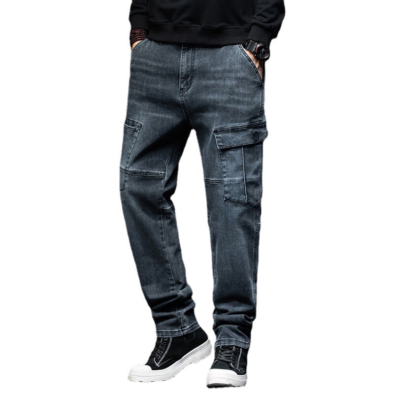 New Men Stretch Loose Jeans Pants Distressed Cargo Work Trousers Pocket  Casual