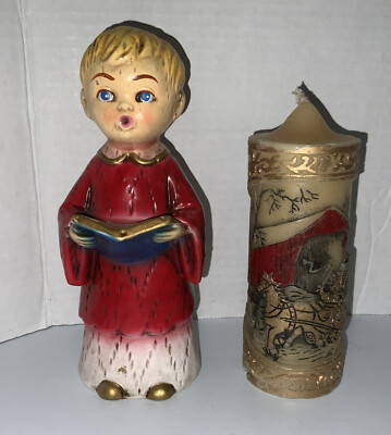 VGT Christmas Paper Mache Choir Boy Caroler Figurine And Hand Decorated Candle