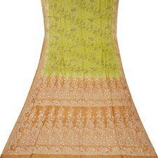 Vintage Green Sarees 100 Pure Silk Woven Hand Embroidered Sari 5YD Craft Fabric