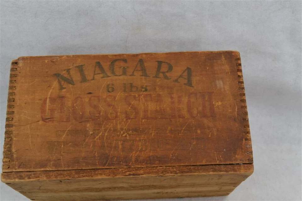 antigua caja de envío publicidad madera papel etiqueta Niagar almidón diapositiva superior 19 Foto 3 de 4