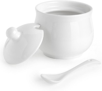 Ceramic Sugar Bowl with Lid and Spoon, Porcelain Salt Storage Jar, White