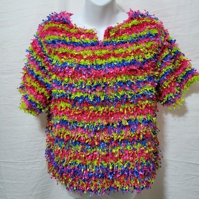 Vintage Michael Simon New York Y2K 2001 Rainbow Textured Fringe Knit Top Size XL