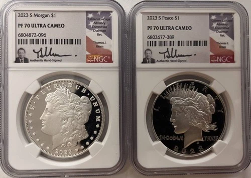 2023  S  Proof Morgan/Peace 2 Coin Set NGC PF70 Ultra Cameo Thomas Uram Signatur