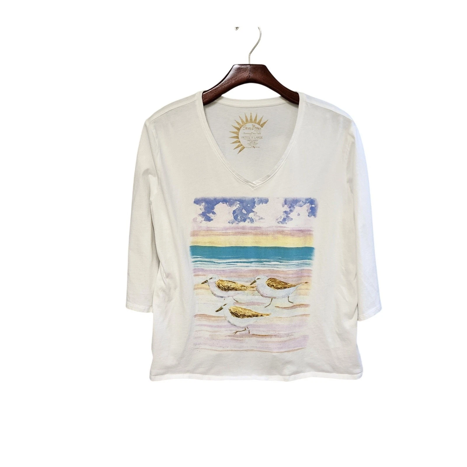 Sun Bay Petite Sunny Day Tech White V-Neck 3/4 Sleeve Beach Sandpiper Shirt PXL
